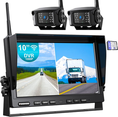 Fookoo 1080P 10" Wireless Backup Camera System, 10" Dual/Quad Split Monitor with Recording, IP69