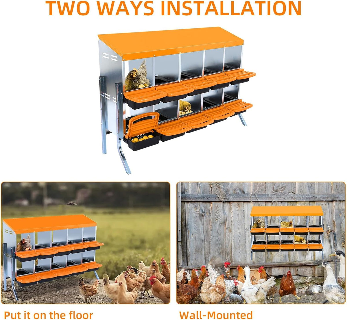Chicken Nesting Boxes, 10 Hole Metal Chicken Laying Box with with Removable Trays and Roll Out Egg