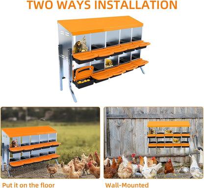 Chicken Nesting Boxes, 10 Hole Metal Chicken Laying Box with with Removable Trays and Roll Out Egg