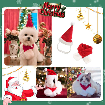 Enjoying Cat Christmas Costume, Santa Hat with Red Scarf for Cats Small Dogs, Rabbit Xmas Outfit