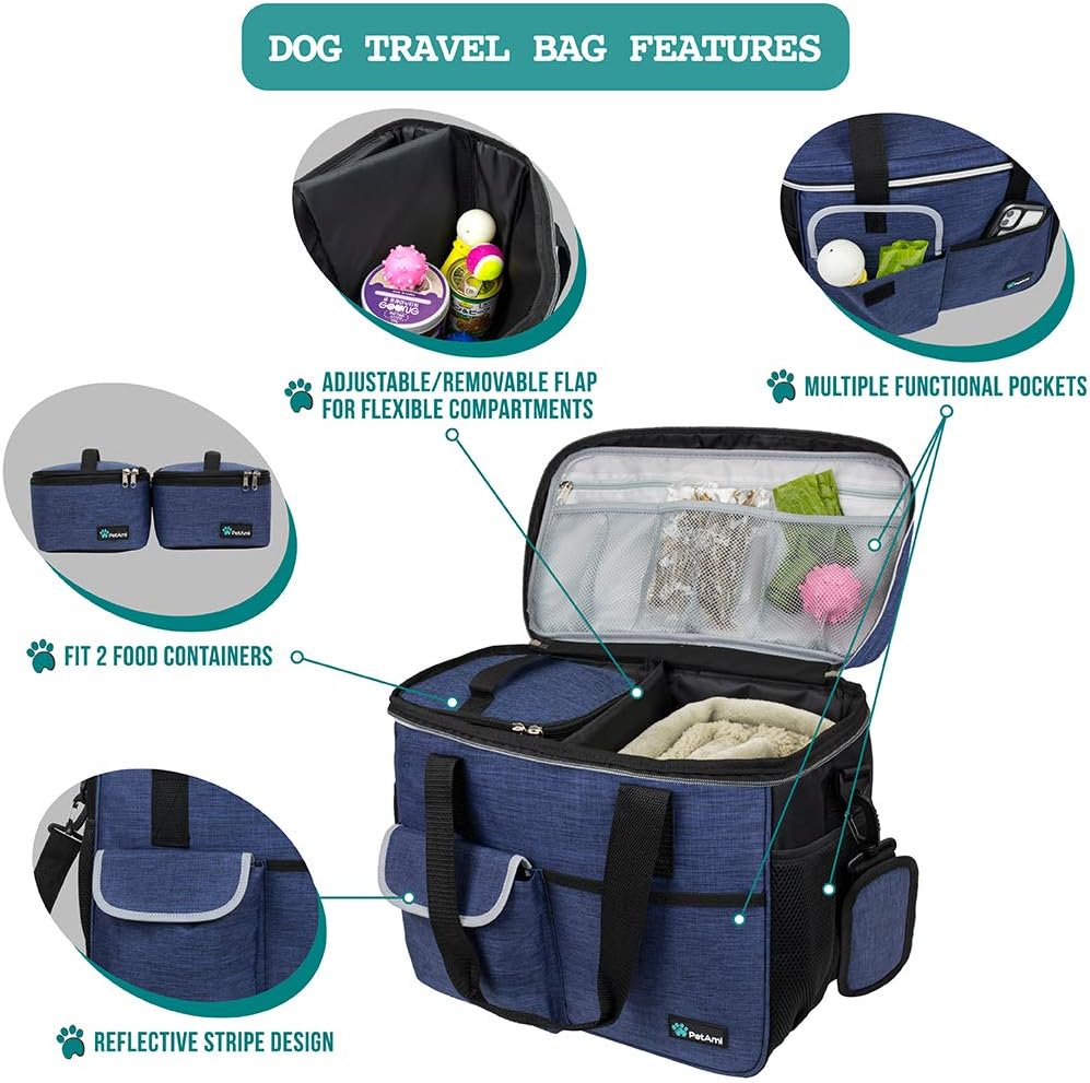 PetAmi Dog Travel Bag, Travel Pet Bag Organizer, Dog Food Travel Bag with Food Container and Bowls