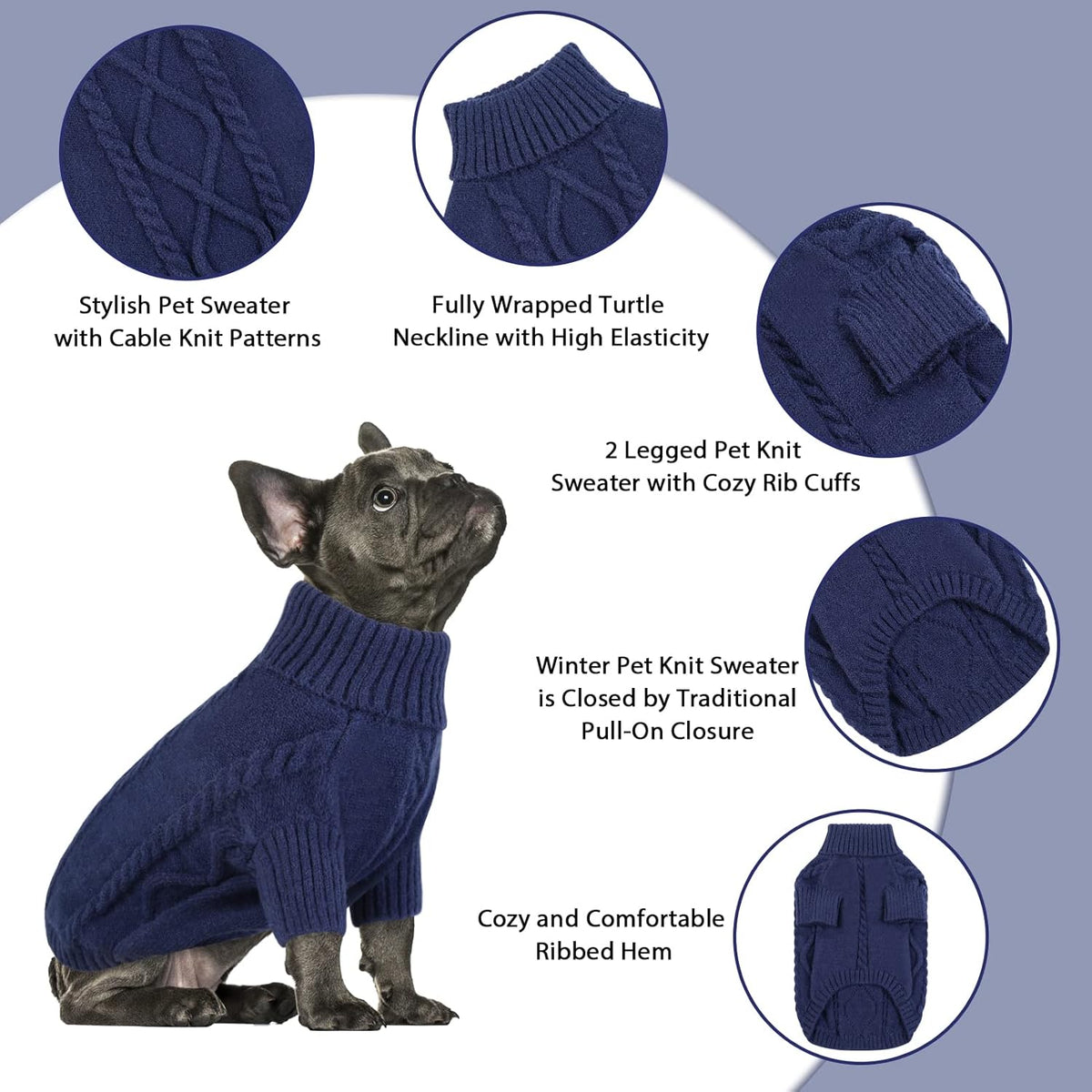 Queenmore Small Dog Pullover Sweater, Cold Weather Cable Knitwear, Classic Turtleneck Thick Warm