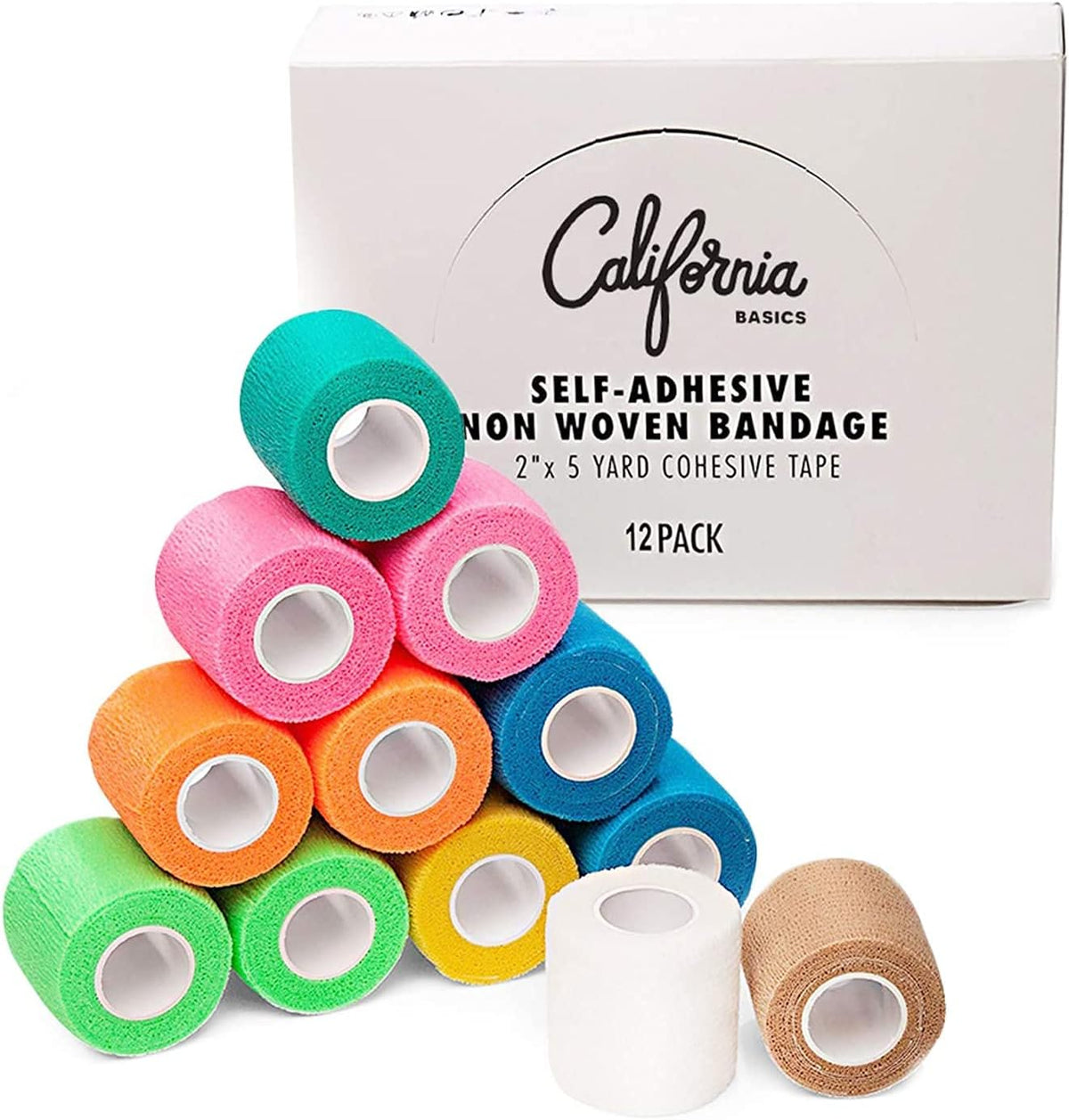 California Basics, Self Adhesive Bandage Wrap, 2 Inch by 5 Yards Non Woven Cohesive Bandage Rolls