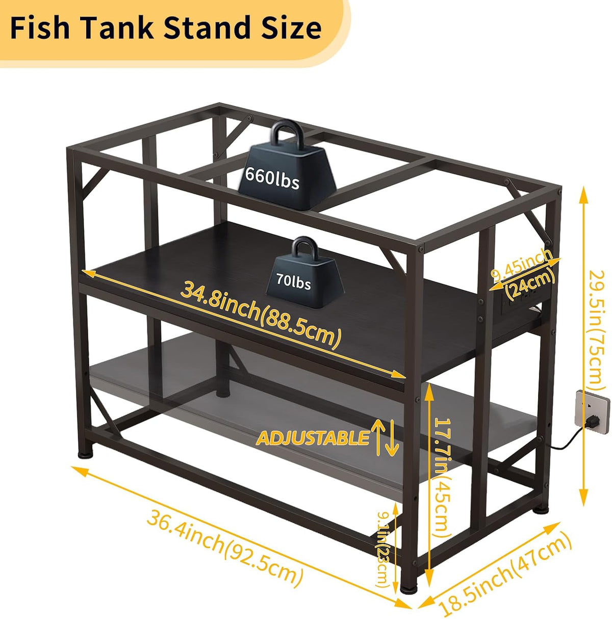 Sturdy Metal Aquarium Stand with Power Outlets, Adjustable Storage Cabinet - 660LBS Capacity, Black