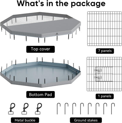 PJYuCien Dog Playpen, 8 Panels 24”H Dog Playpen Indoor with Grey Bottom Pad and Top Cover, Metal