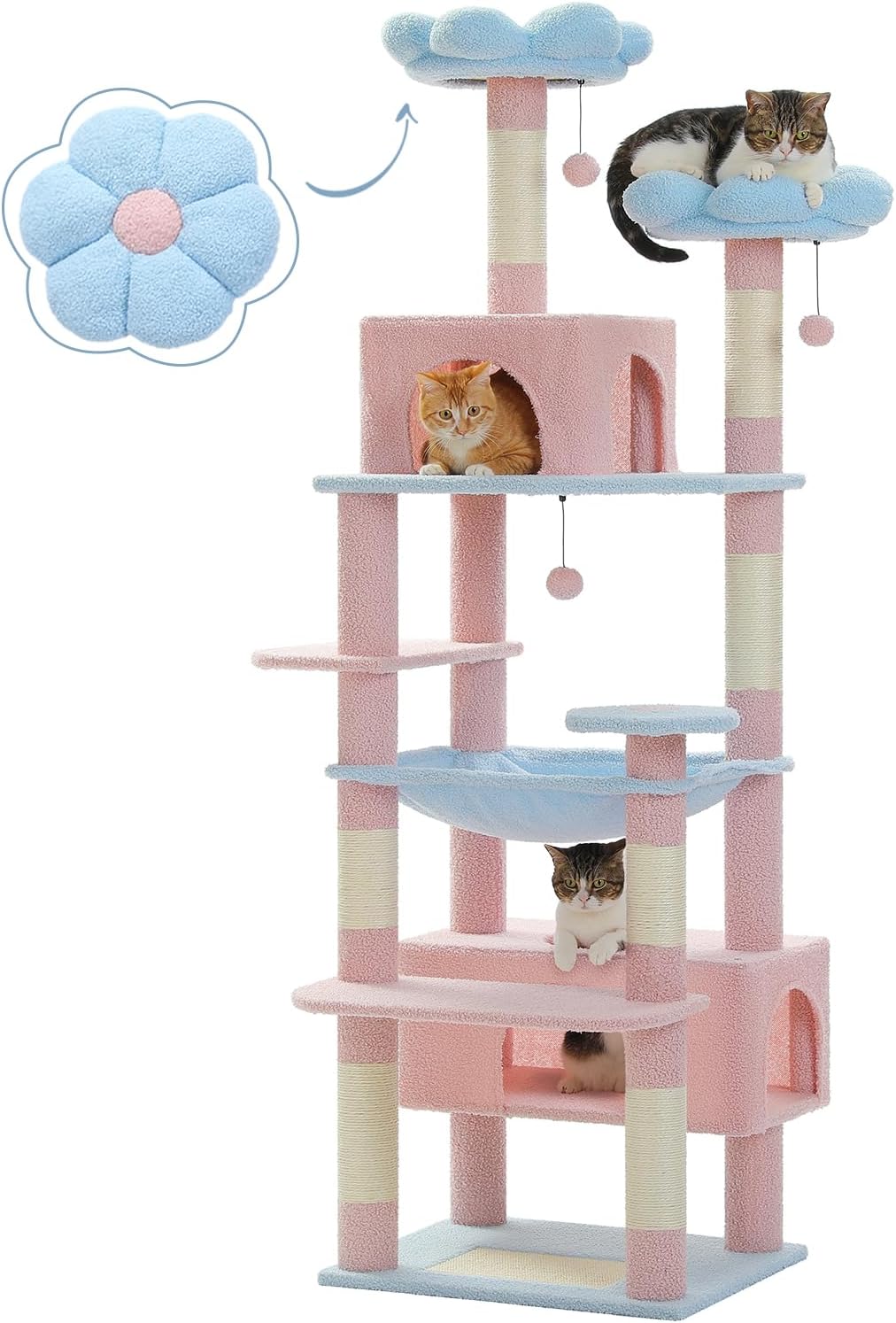 PAWZ Road Flower Cat Tree, 72 Inches Large Cat Tower with Steel Frame Hammock and 7 Scratching