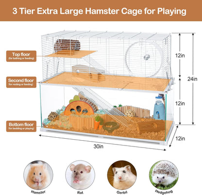 OIIBO 3 Tiers Large Hamster Cages, Glass Hamster Cage Habitat with Openable Wire Topper, Gerbil