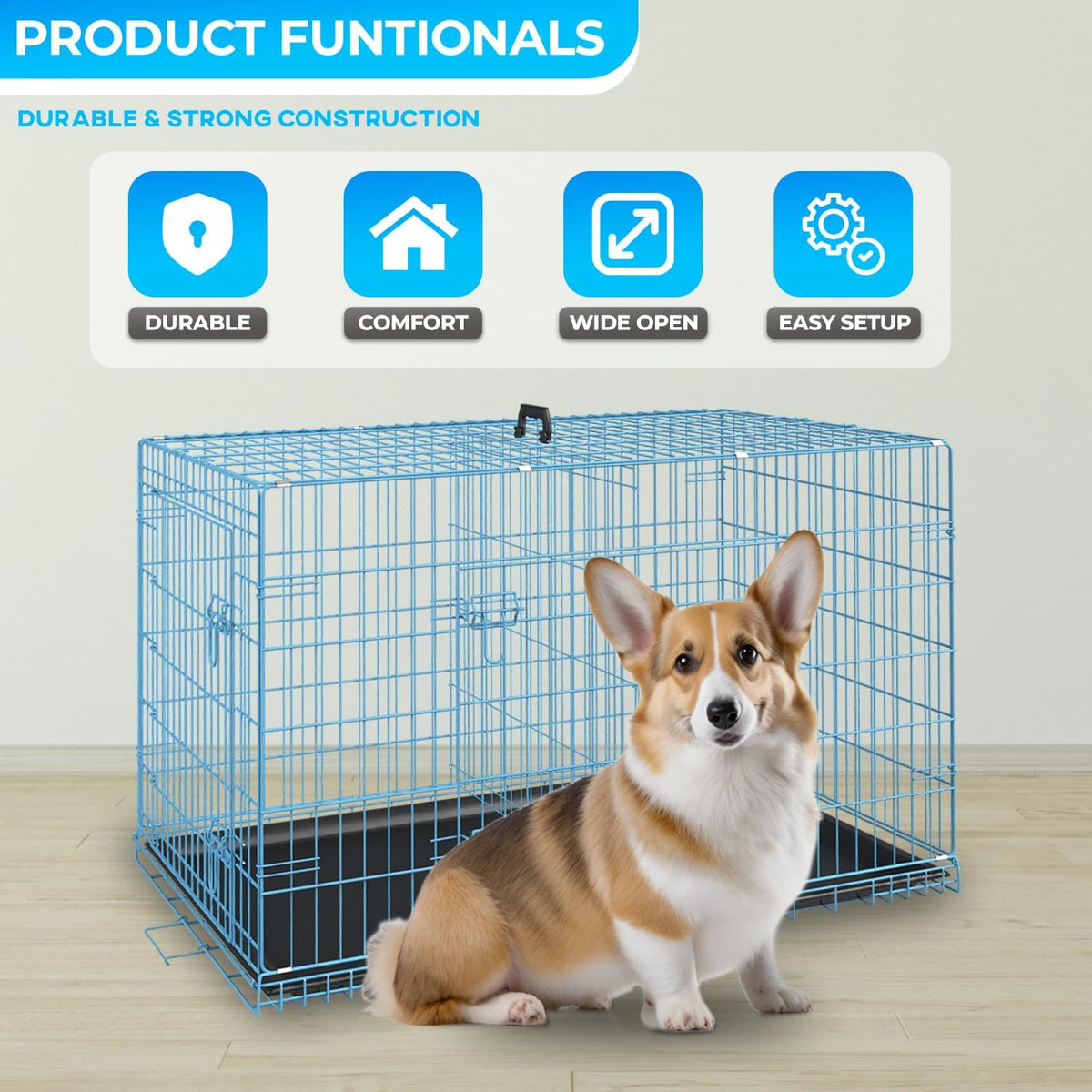 FDW Dog Crate for Small Dogs 24 Inch Folding Metal WirePet Cage Double Door W/Divider Panel Indoor
