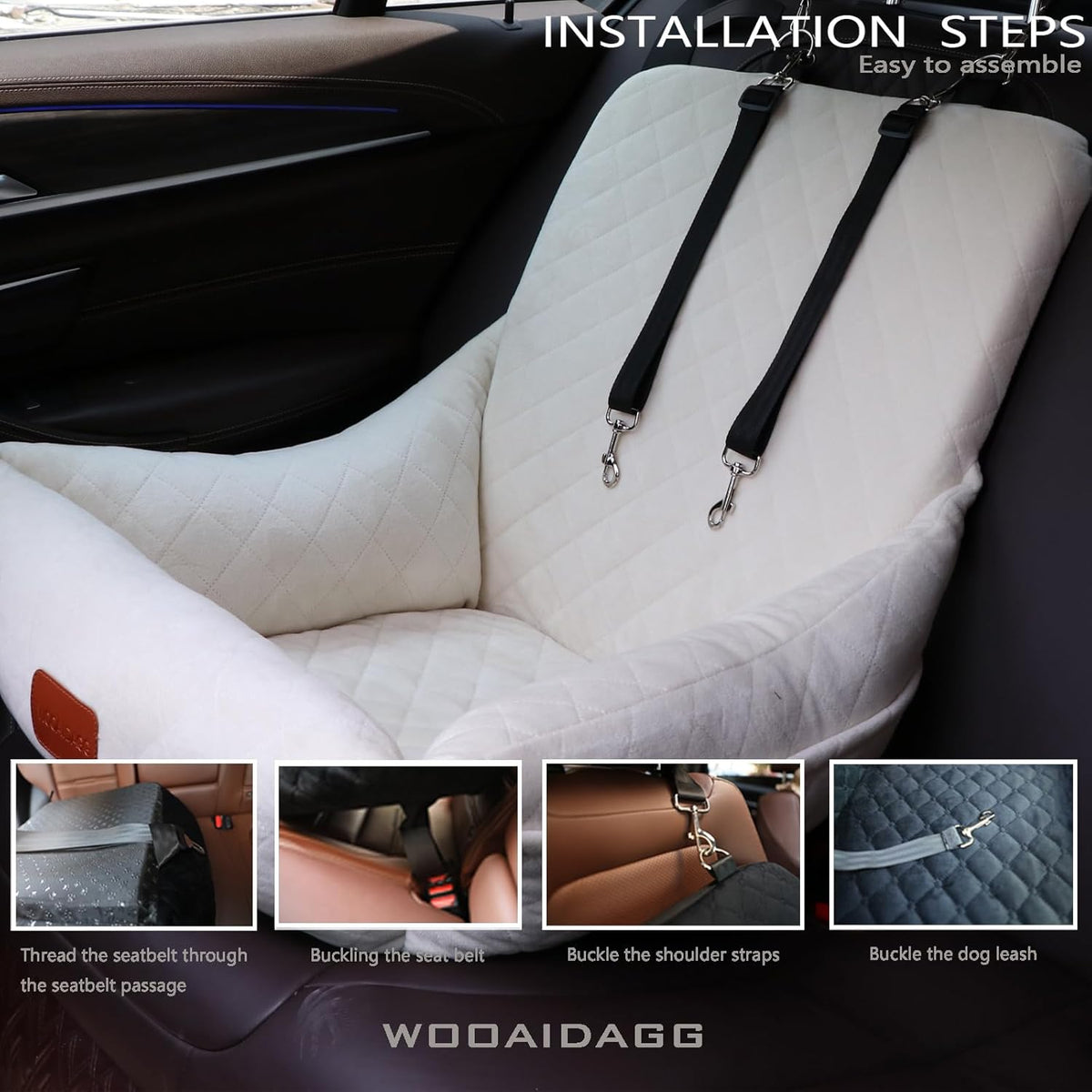 Dog Car Seat for Small Dogs,Ultra-Soft Fabric,2 Storage Pockets & Safety Leash,Adjustable
