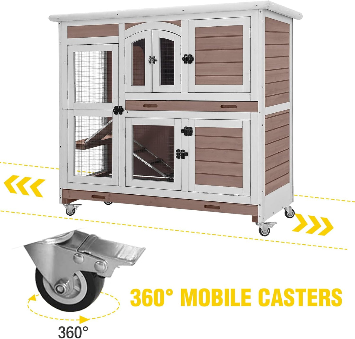 Aivituvin Rabbit Hutch Indoor, Bunny Cage with Wheels, 2-Story Design, 2 Deep Trays, Anti Slip