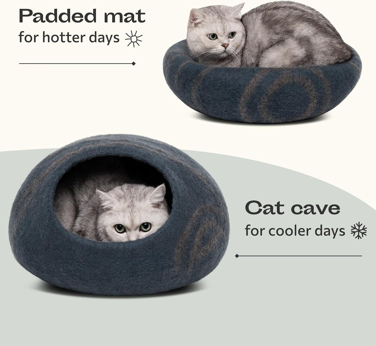 MEOWFIA Cat Cave – Premium Felt Cat Bed for Indoor Cats, Handmade 100% Merino Wool (Medium, Slate