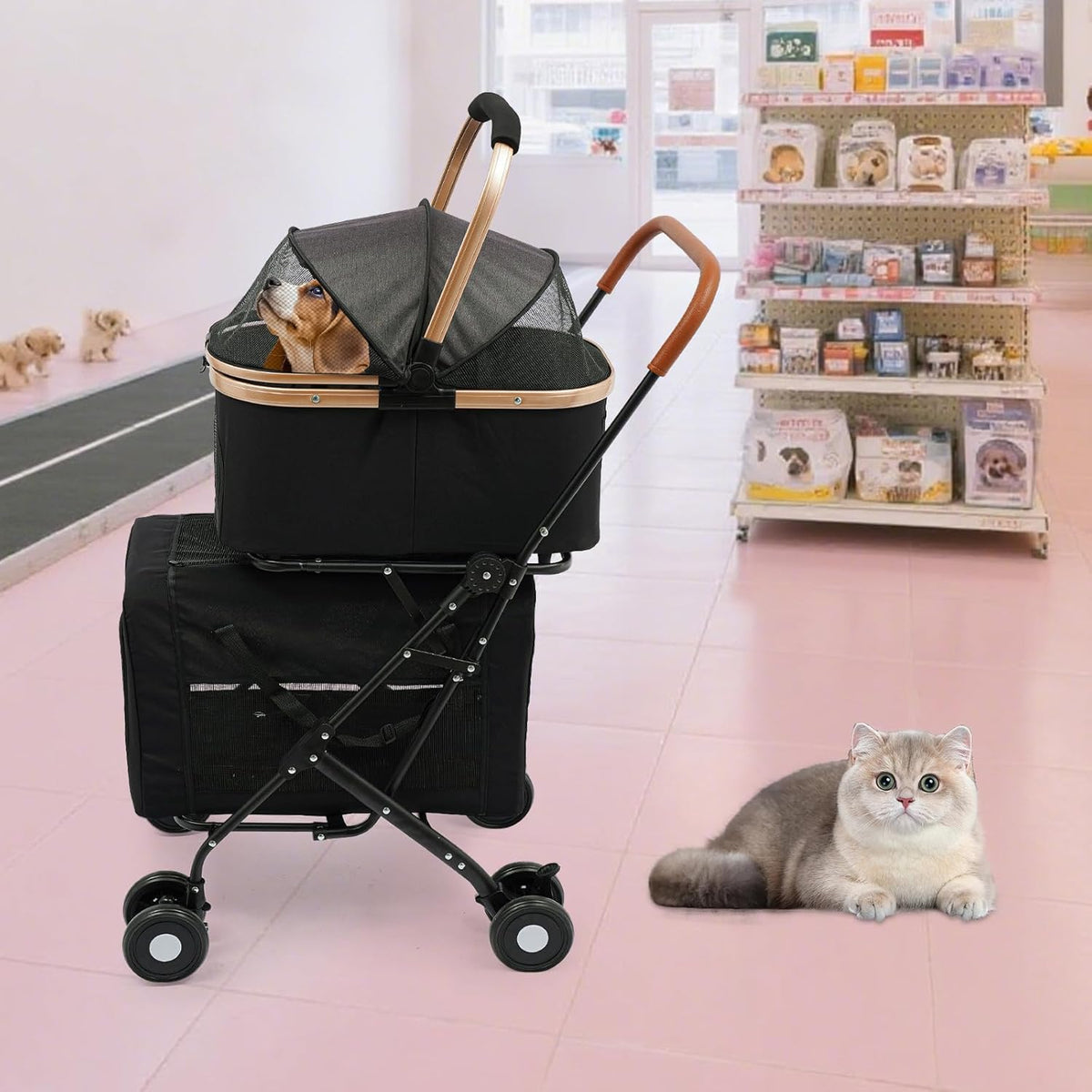 Foldable Pet Stroller for Small & Medium Dogs, Double Dog & Cat Stroller with 3-in-1 Travel System
