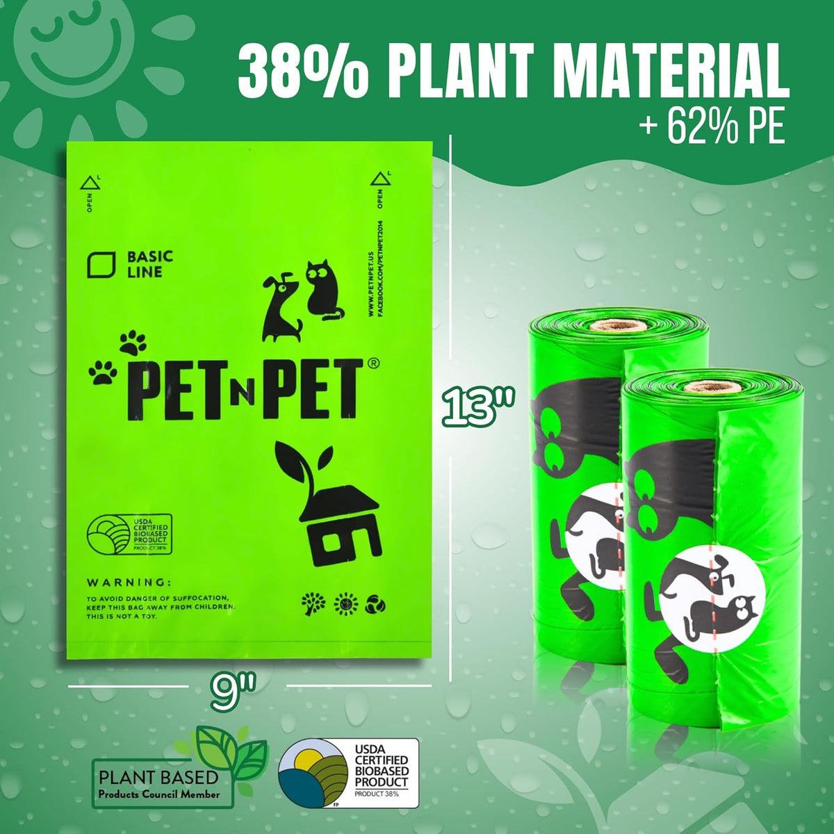 Pet N Pet 540 Counts Green Poop Bags for Dogs, 38% Plant Based & 62% PE Extra Thick Dog Poop Bags