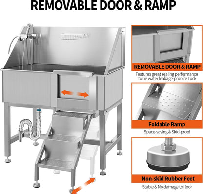 Dog Washing Station 38'' Stainless Steel Pet Grooming Tub for Large Dogs Over-Size Professional Dog