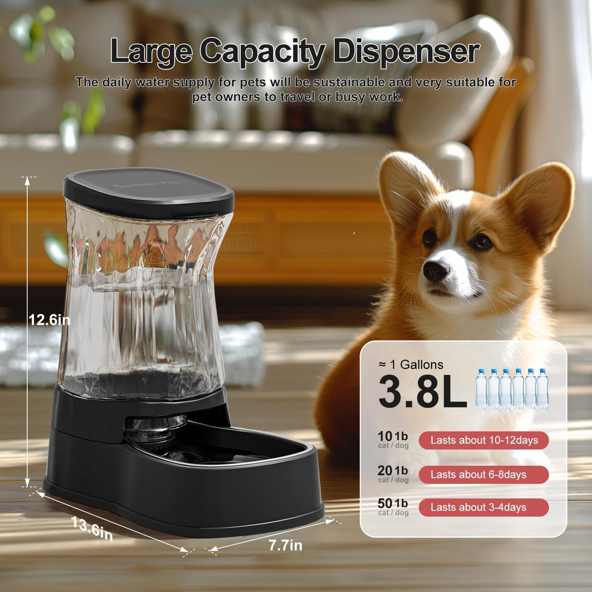 Gardner Pet Automatic Dog Water Dispenser Gravity Stainless Steel Water Waterer Feeder, 100%