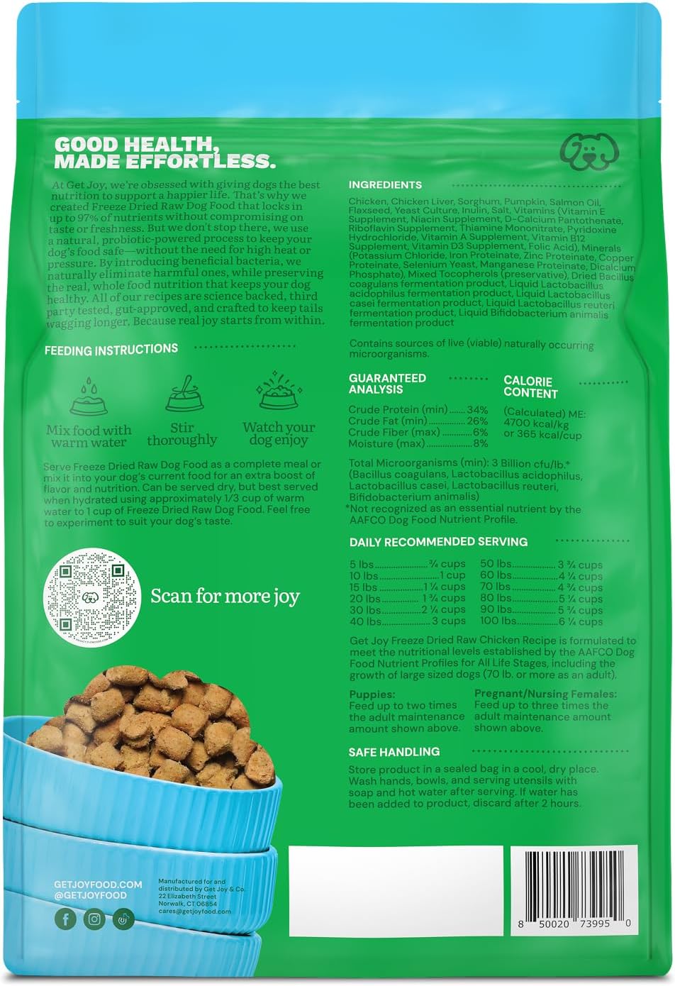 Get Joy Gut Health Fresh Freeze Dried Raw Meal, Chicken Recipe, 16 Ounce Bag, Dog Food for Dogs of