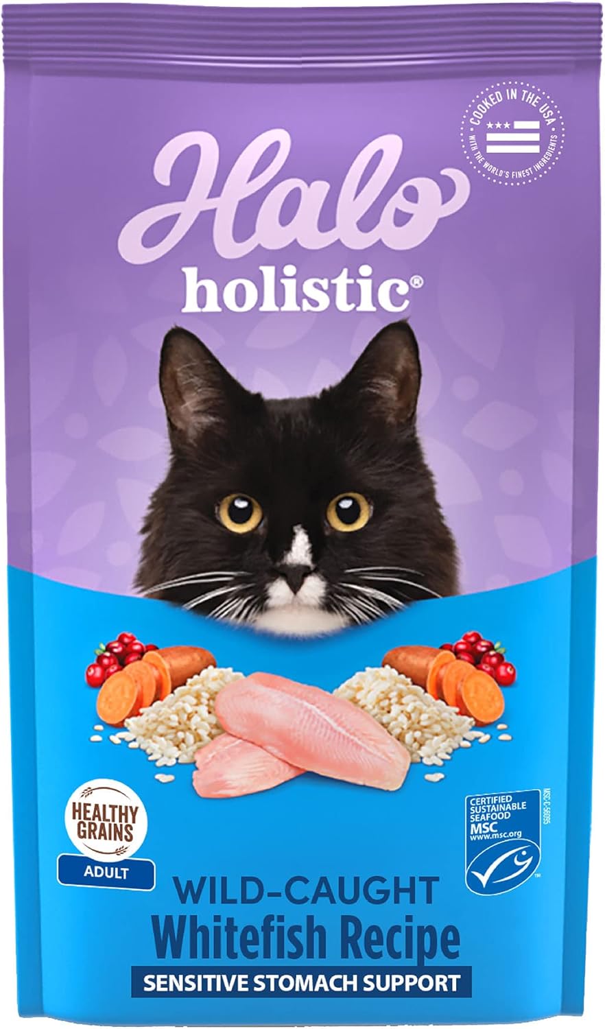 Halo Holistic Cat Food Wild Caught Salmon & Whitefish Formula, Healthy Grains Dry Cat Food, For