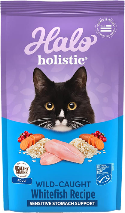Halo Holistic Cat Food Wild Caught Salmon & Whitefish Formula, Healthy Grains Dry Cat Food, For