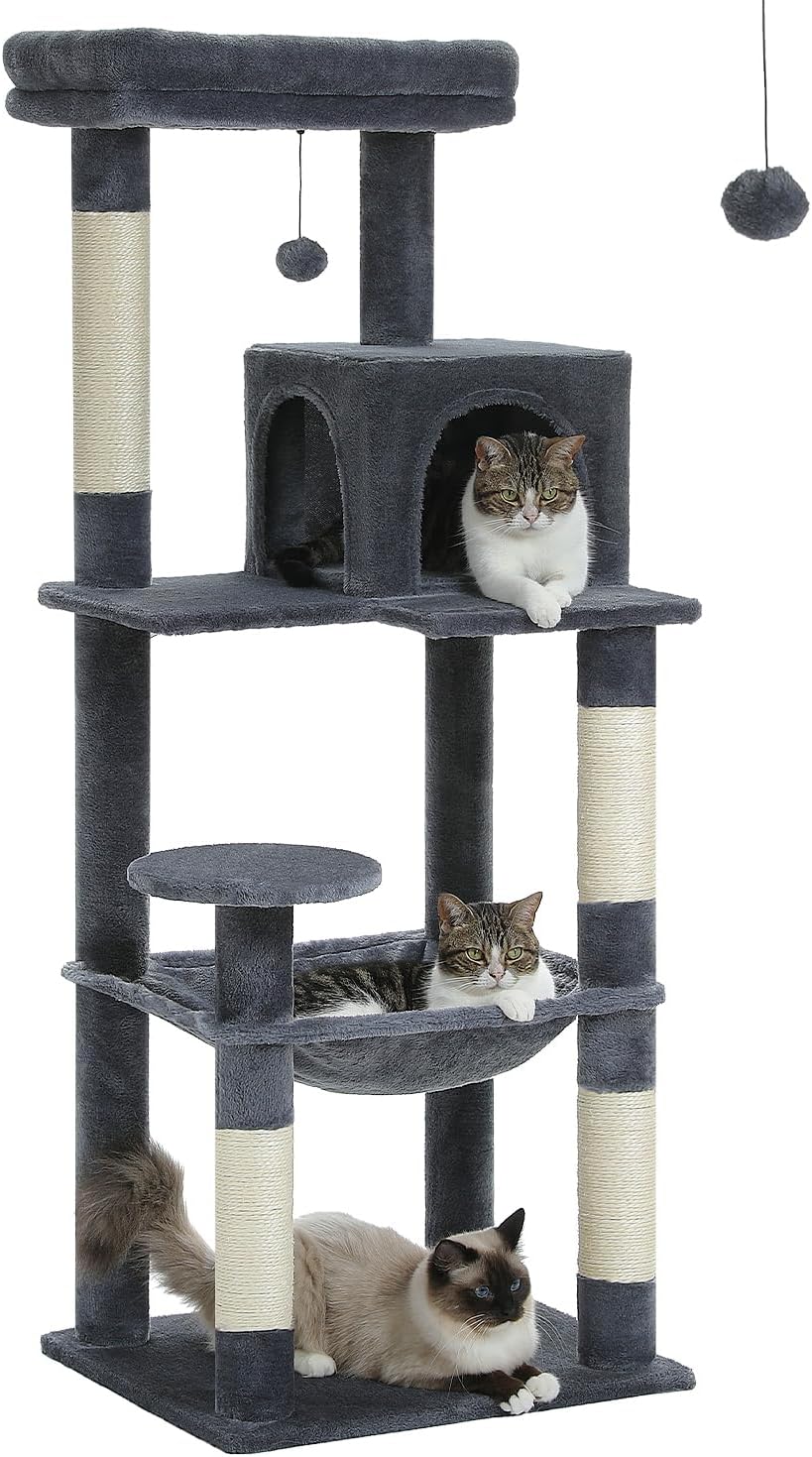 Cat Tree for Large Cats with Metal Plush Big Hammock, 56.3" Cat Tower for Indoor Cats with 2 Door