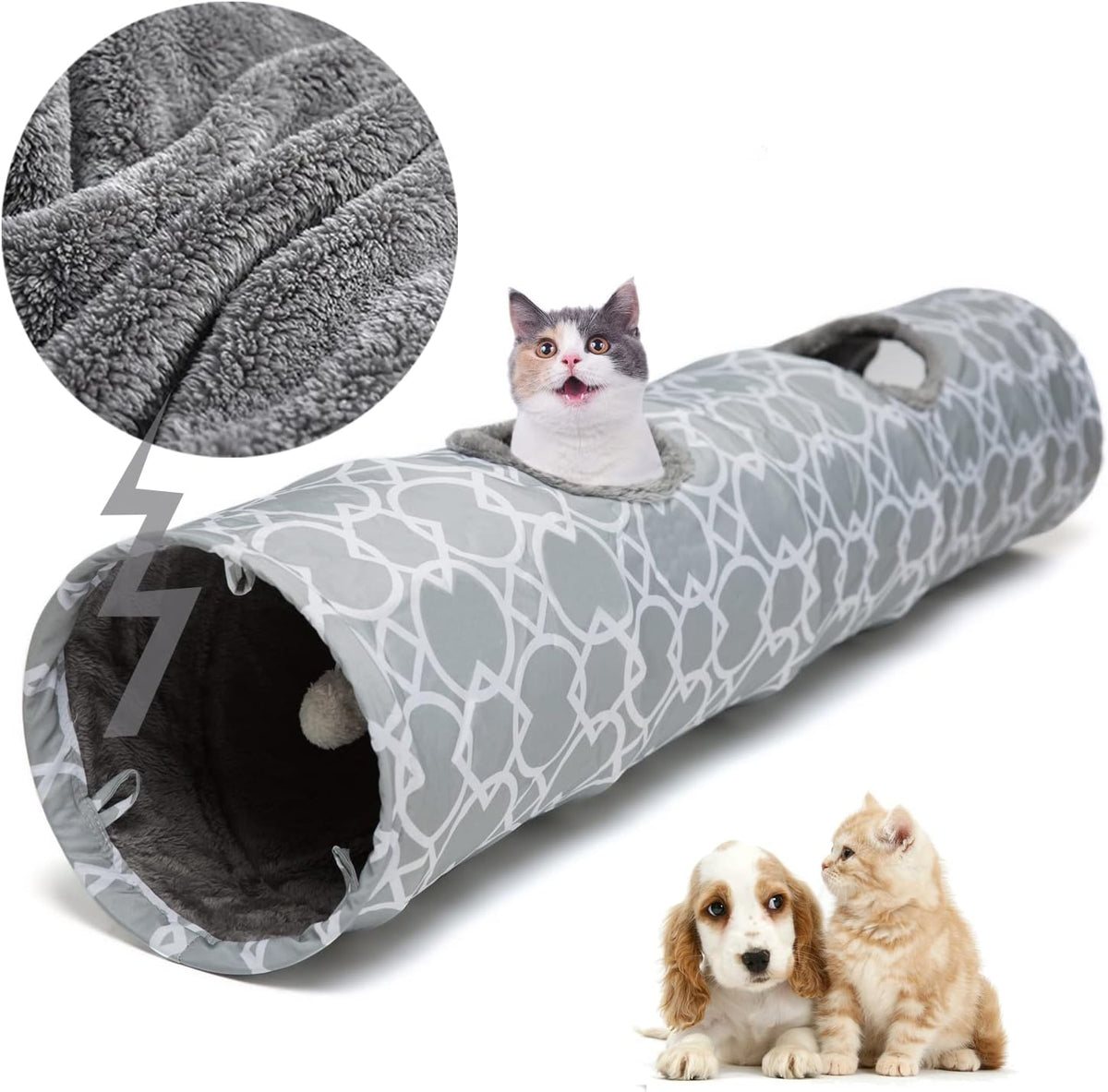 LUCKITTY Geometric Straight Cat Tunnel with Plush Inside,Cats Toys Collapsible Tunnel Tube with