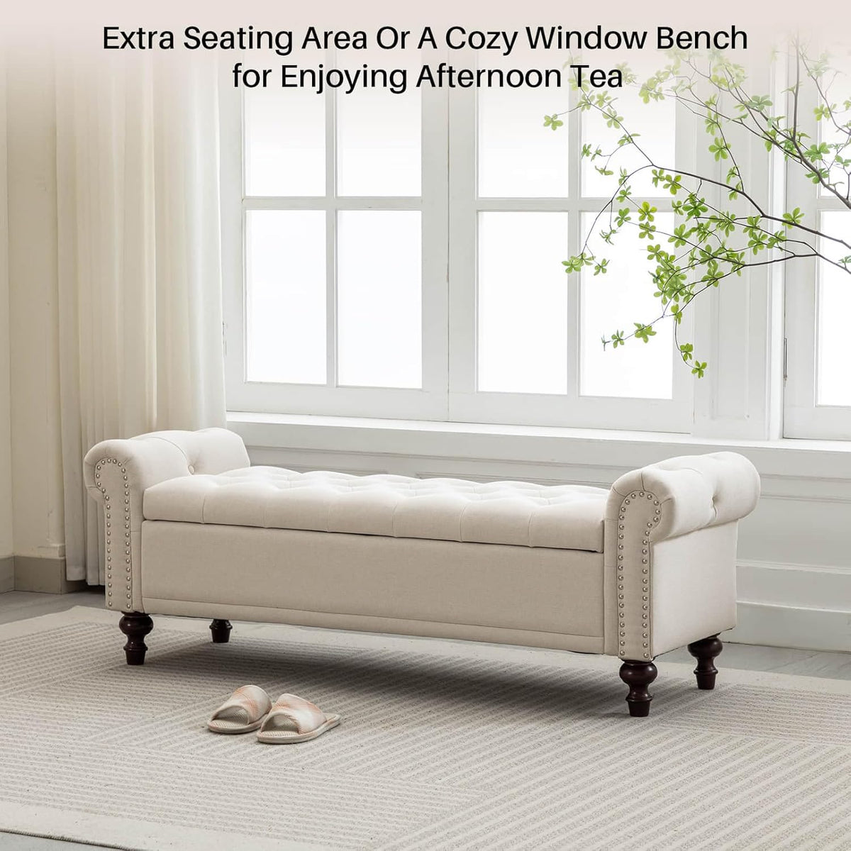58.1'' Storage Bench Upholstered Linen End of Bedroom Bed Bench Ottoman with Tufted Cushioned