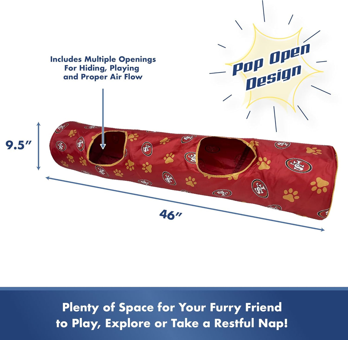 NFL San Francisco 49ers Cat Tunnel Tube Toy with Plush Football Catnip and Feathers Collapsible