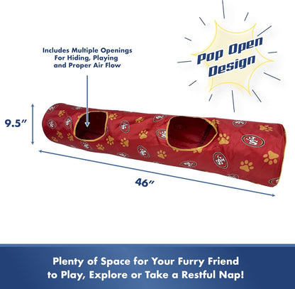 NFL San Francisco 49ers Cat Tunnel Tube Toy with Plush Football Catnip and Feathers Collapsible
