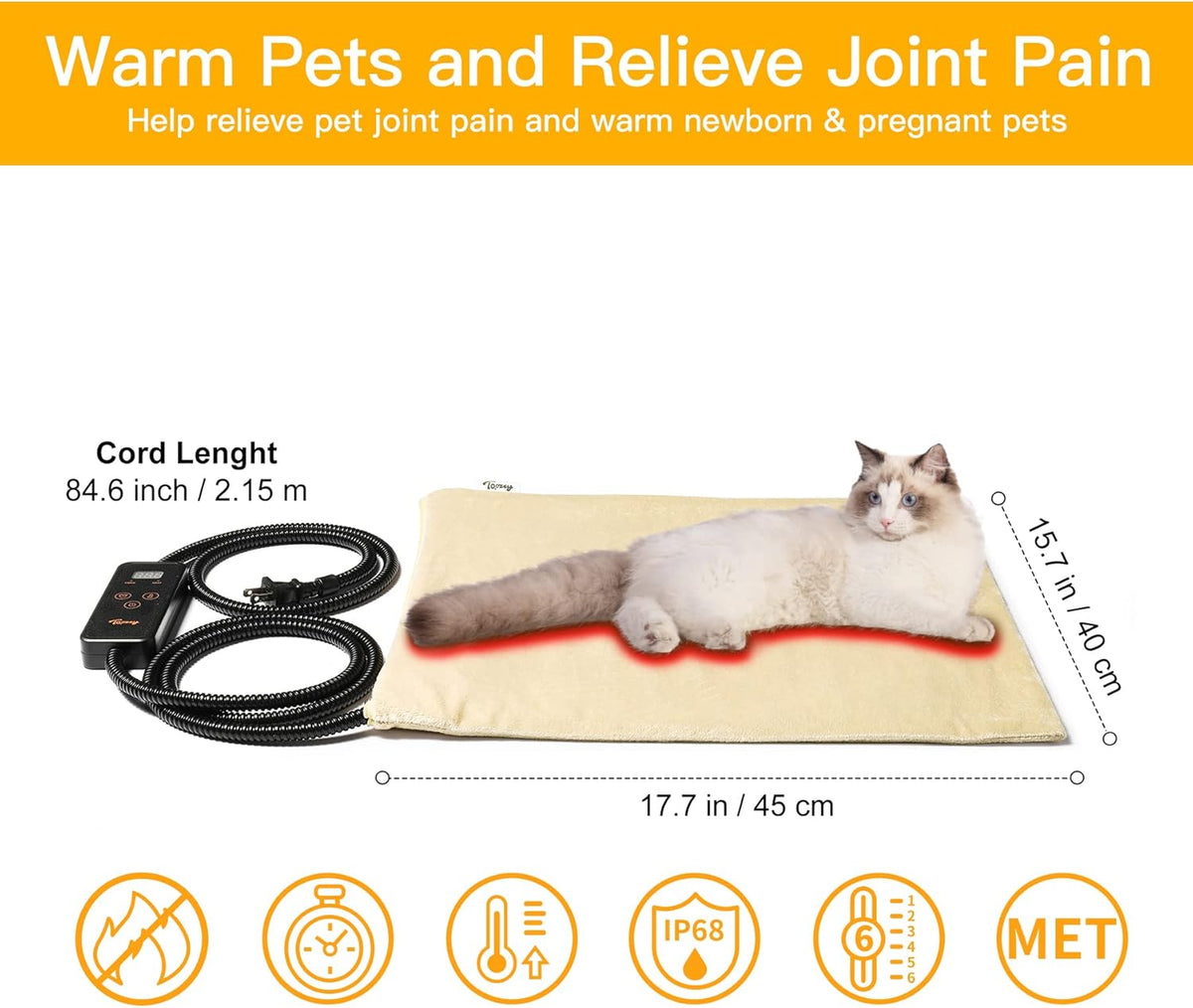 Toozey Pet Heating Pad, 6 Adjustable Temperature Heated Cat Bed with Timer, Waterproof Electric