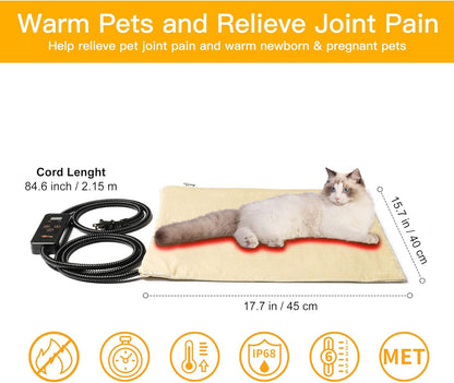 Toozey Pet Heating Pad, 6 Adjustable Temperature Heated Cat Bed with Timer, Waterproof Electric
