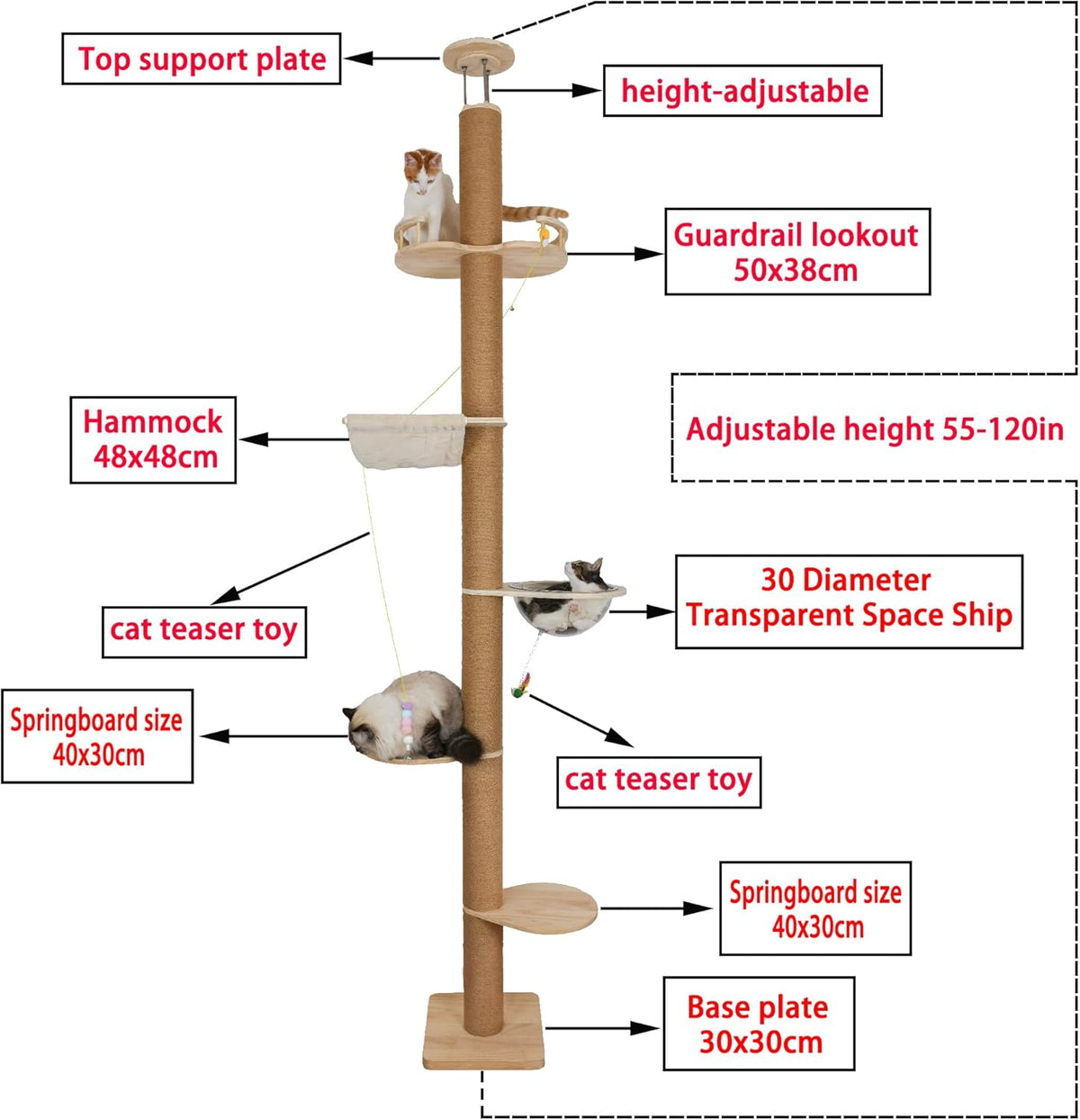 Floor to Ceiling Cat Tree Height (50-120 in) Adjustable Cat Tower 5 Tier Hemp Scratching Post High