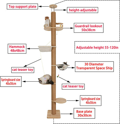 Floor to Ceiling Cat Tree Height (50-120 in) Adjustable Cat Tower 5 Tier Hemp Scratching Post High