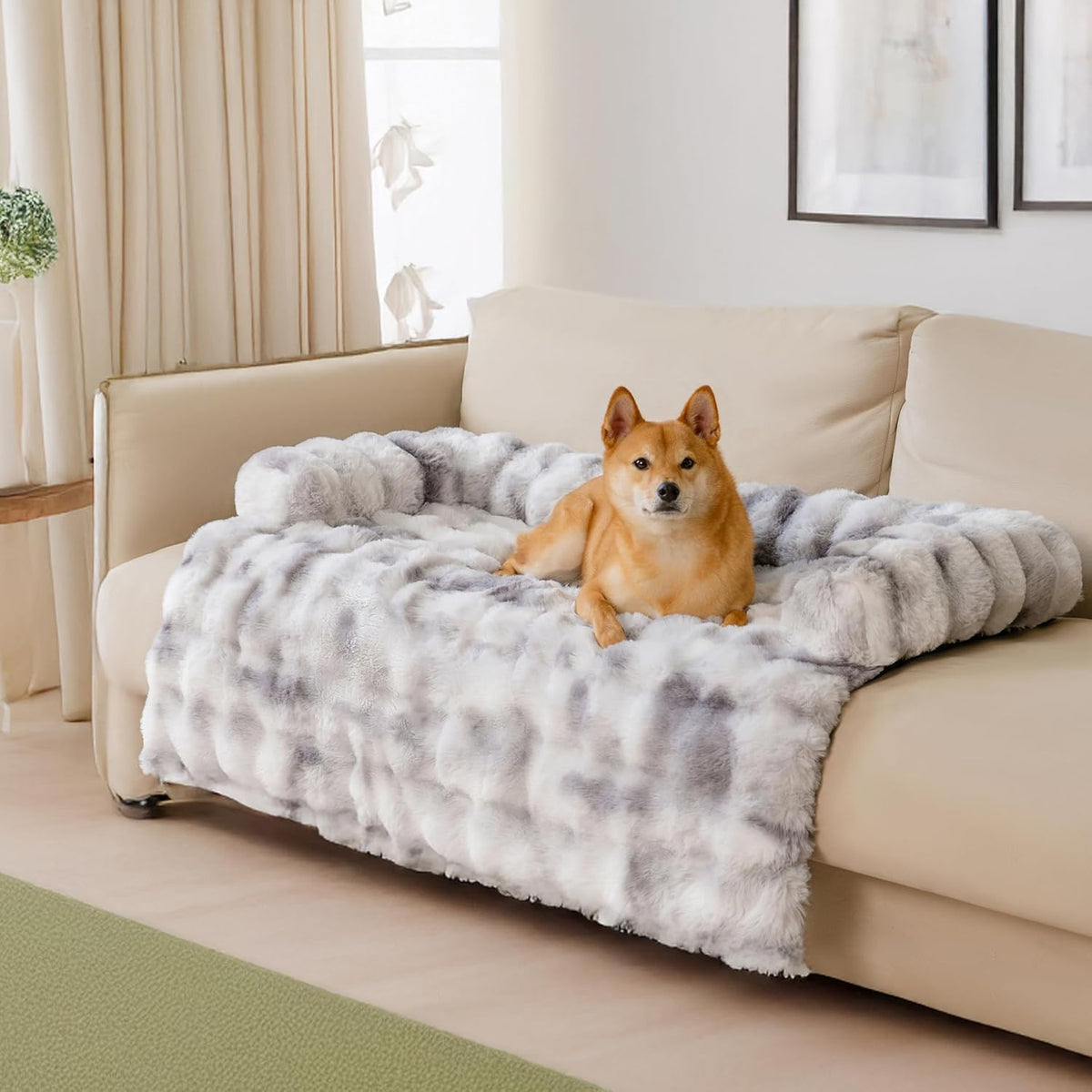 FUNNY FUZZY Pet Fluffy Plush Calming Dog Couch Bed Sofa Protector Washable Pets Mat for Large