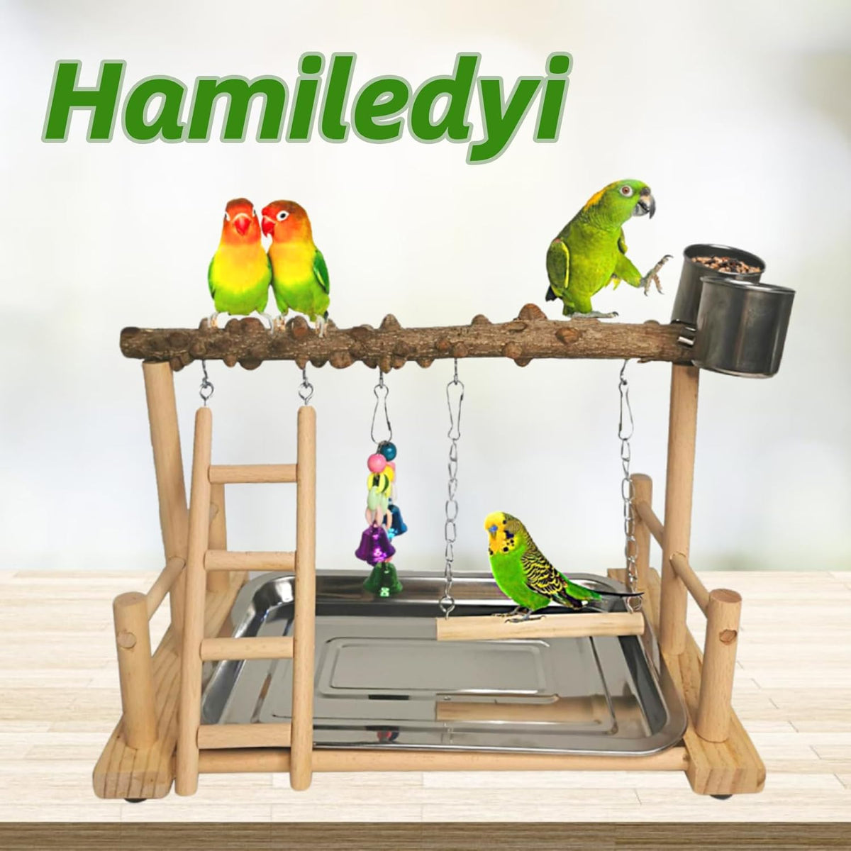 Hamiledyi Parrot Playground Bird Playstand Wood Exercise Play Perch Exercise Gym with Feeder Cups