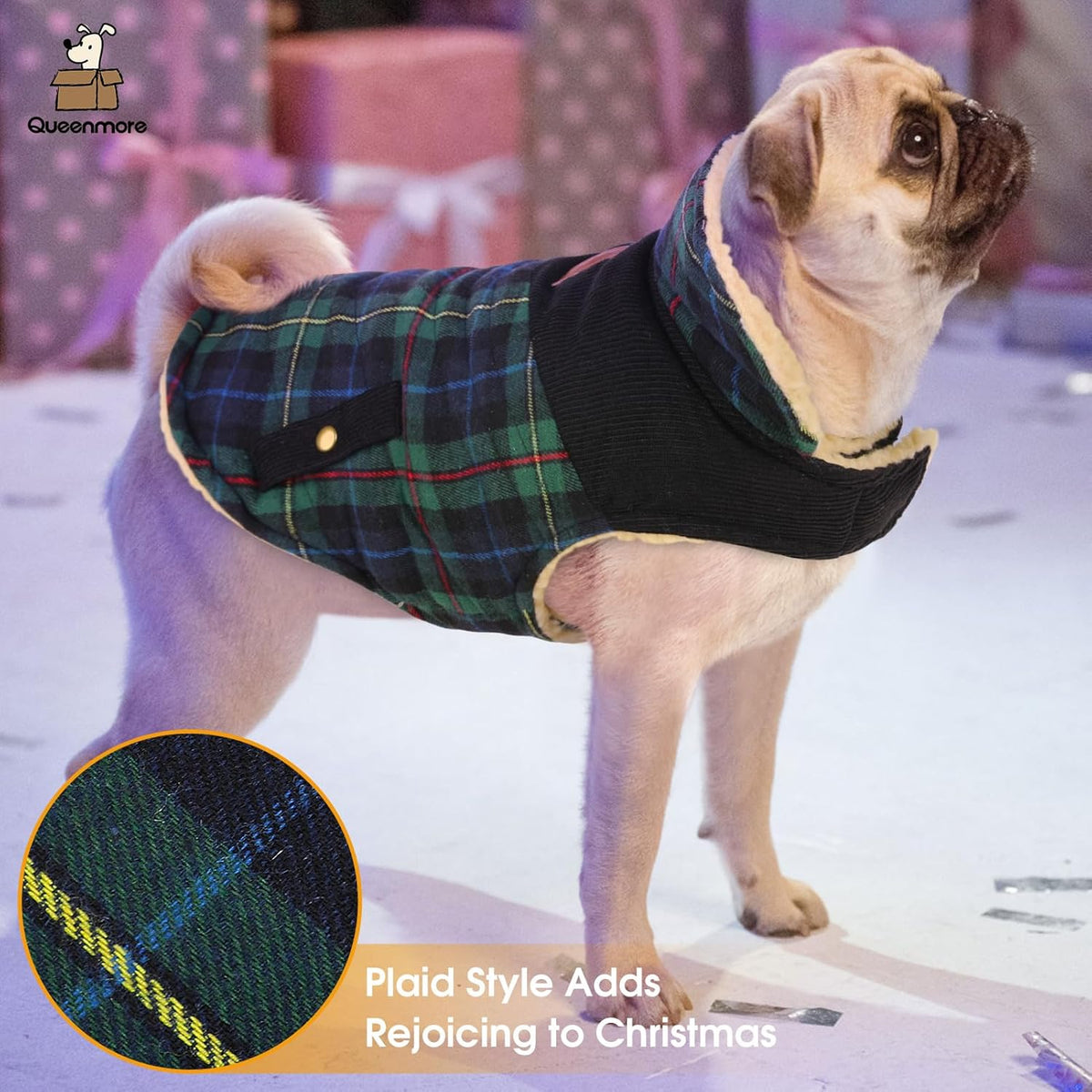 Queenmore Dog Winter Coat Warm Dog Jacket for Cold Weather, Quilting Puffer Plaid Coats for