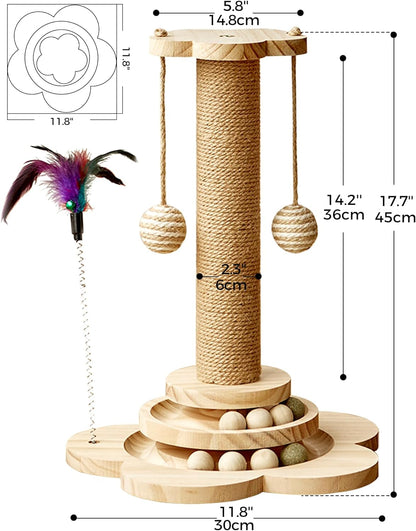 Cat Scratching Post, 4 in 1 Wooden Cat Scratcher Toy, 17.7" Tall Scratch Post with 2 Level Cat