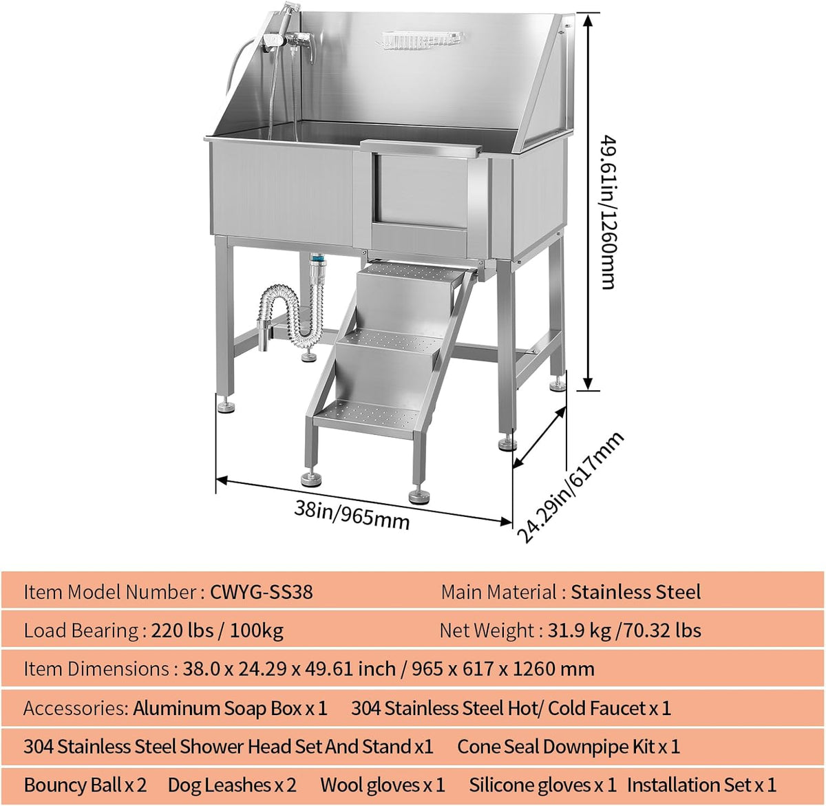 38 Inch Dog Bathing Station for Large Dogs, Stainless Steel Dog Pet Washing Station, Professional