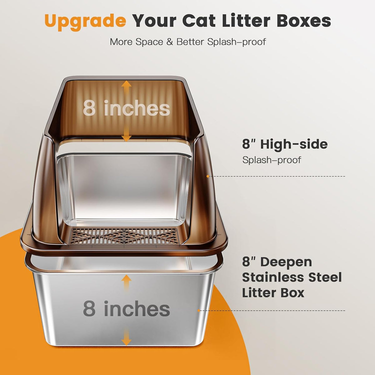 Tripamin 15” XL Stainless Steel Cat Litter Box Enclosure, XXL Stainless Steel High Sides with Lid