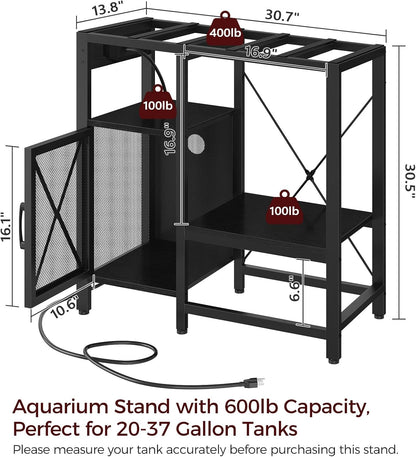 20-37 Gallon Fish Tank Stand, Aquarium Stand with Power Outlet and Storage Cabinet, Heavy Duty Tank