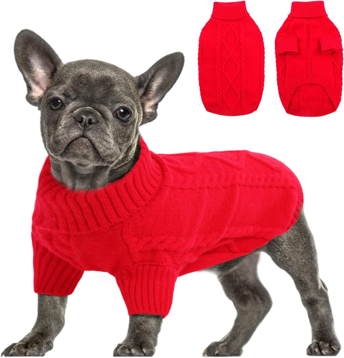 Queenmore Small Dog Pullover Sweater, Cold Weather Cable Knitwear, Classic Turtleneck Thick Warm