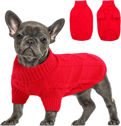 Queenmore Small Dog Pullover Sweater, Cold Weather Cable Knitwear, Classic Turtleneck Thick Warm