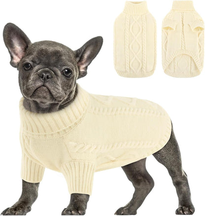 Queenmore Small Dog Pullover Sweater, Cold Weather Cable Knitwear, Classic Turtleneck Thick Warm