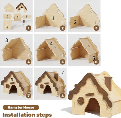 Wooden Hamster Platform and Dwarf Hamster House,Cute Syrian Hamster Tiny House Hideout,Large
