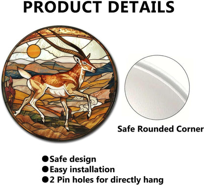 Lygond Metal Sign Tin Sign Circular Stained Glass Pronghorn Bar Signs For Home Bar For Restaurant