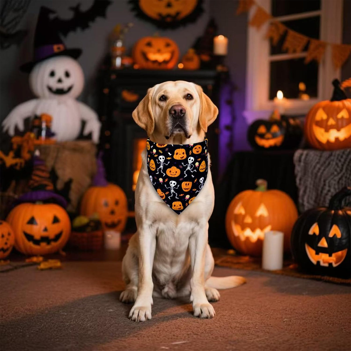 Halloween Dog Bandana for X-Large Dogs - Reversible Black Skull Pumpkin Print Scarf - Soft &