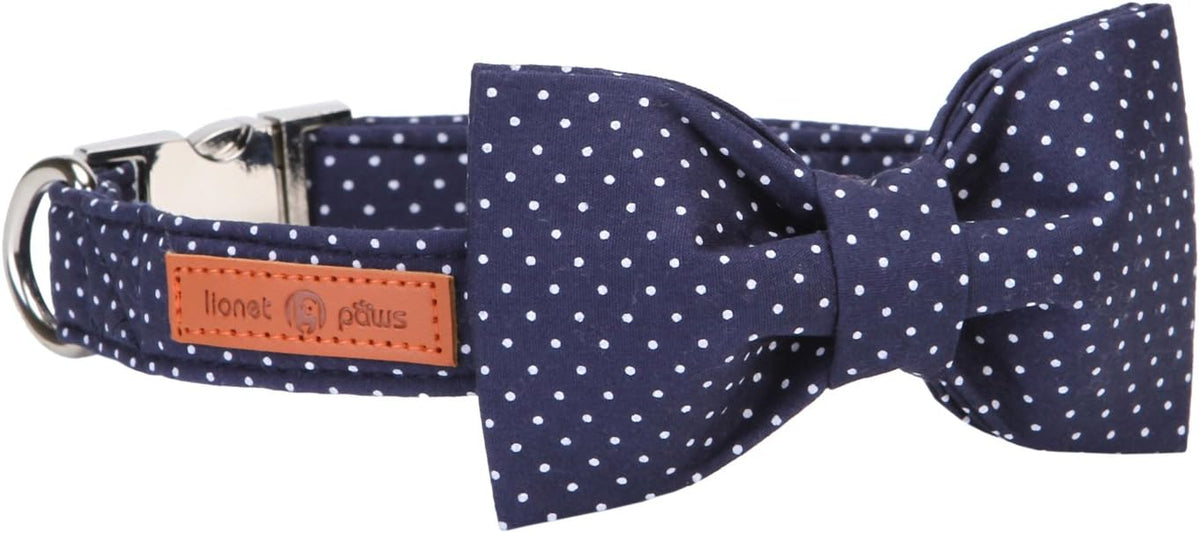 Lionet Paws Boy Dog Collar with Bowtie, Comfortable Adjustable Cute Navy Blue Bow Tie Collar for