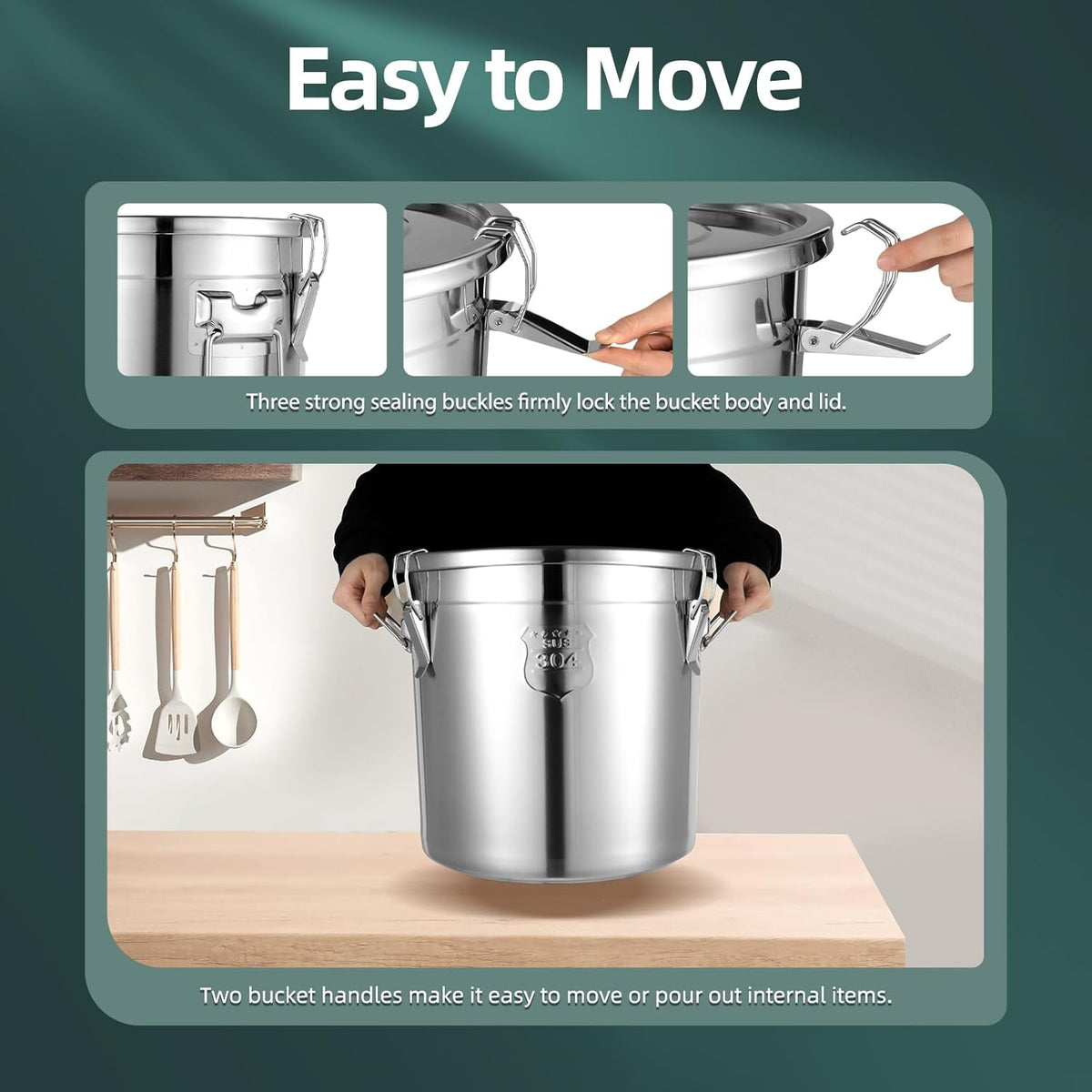 DYNAMI 5.5Gal 304 Stainless Steel Airtight Container with Lid and Locking Clamp,17-38Lbs Metal