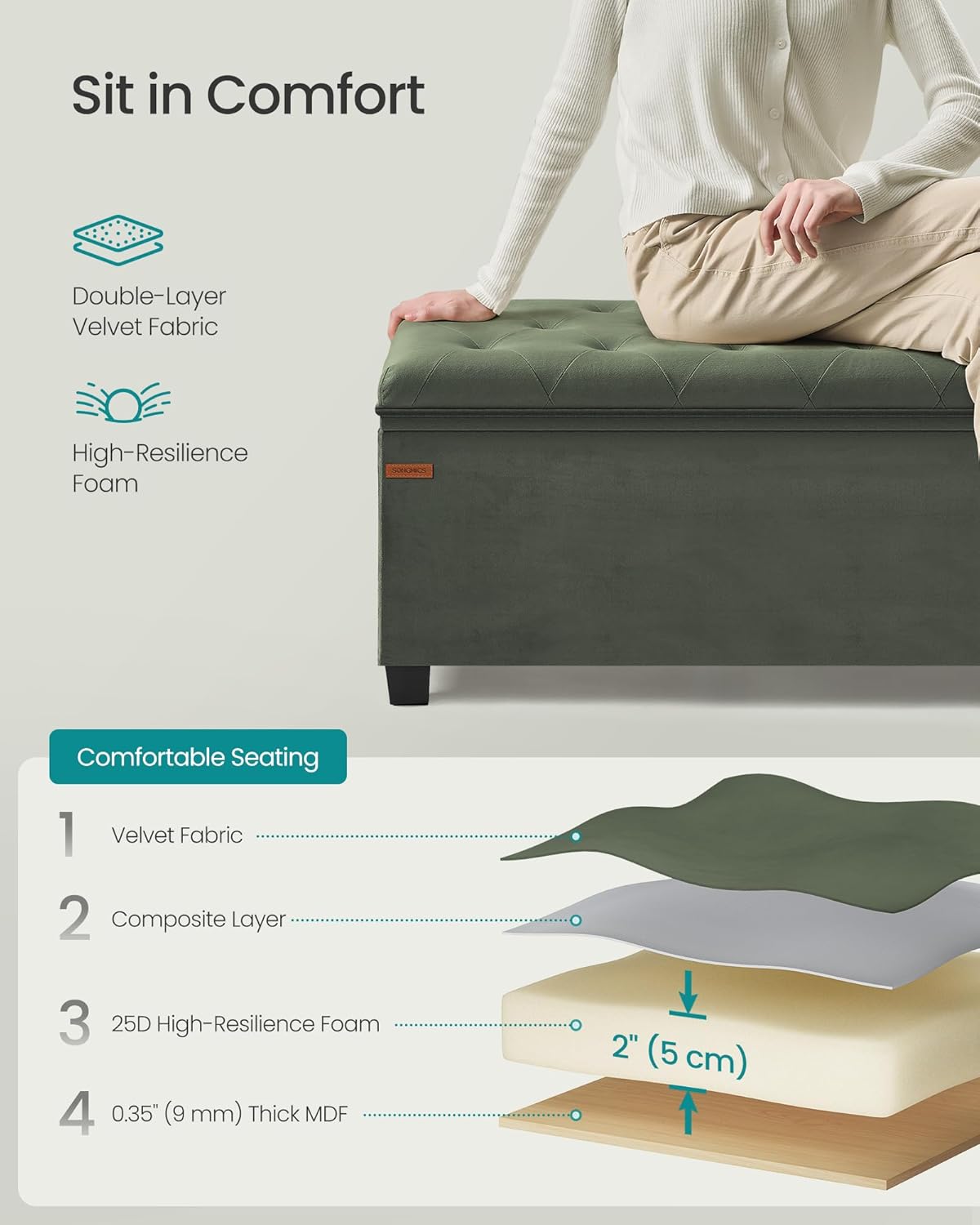 SONGMICS Velvet Storage Ottoman Bench, Foot Rest with Legs, 15.7 x 43 x 15.7 Inches, End of Bed