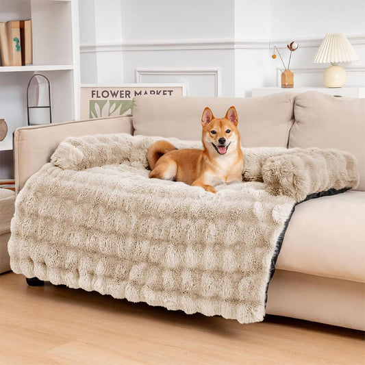 FUNNY FUZZY Pet Fluffy Plush Calming Dog Couch Bed Sofa Protector Washable Pets Mat for Large