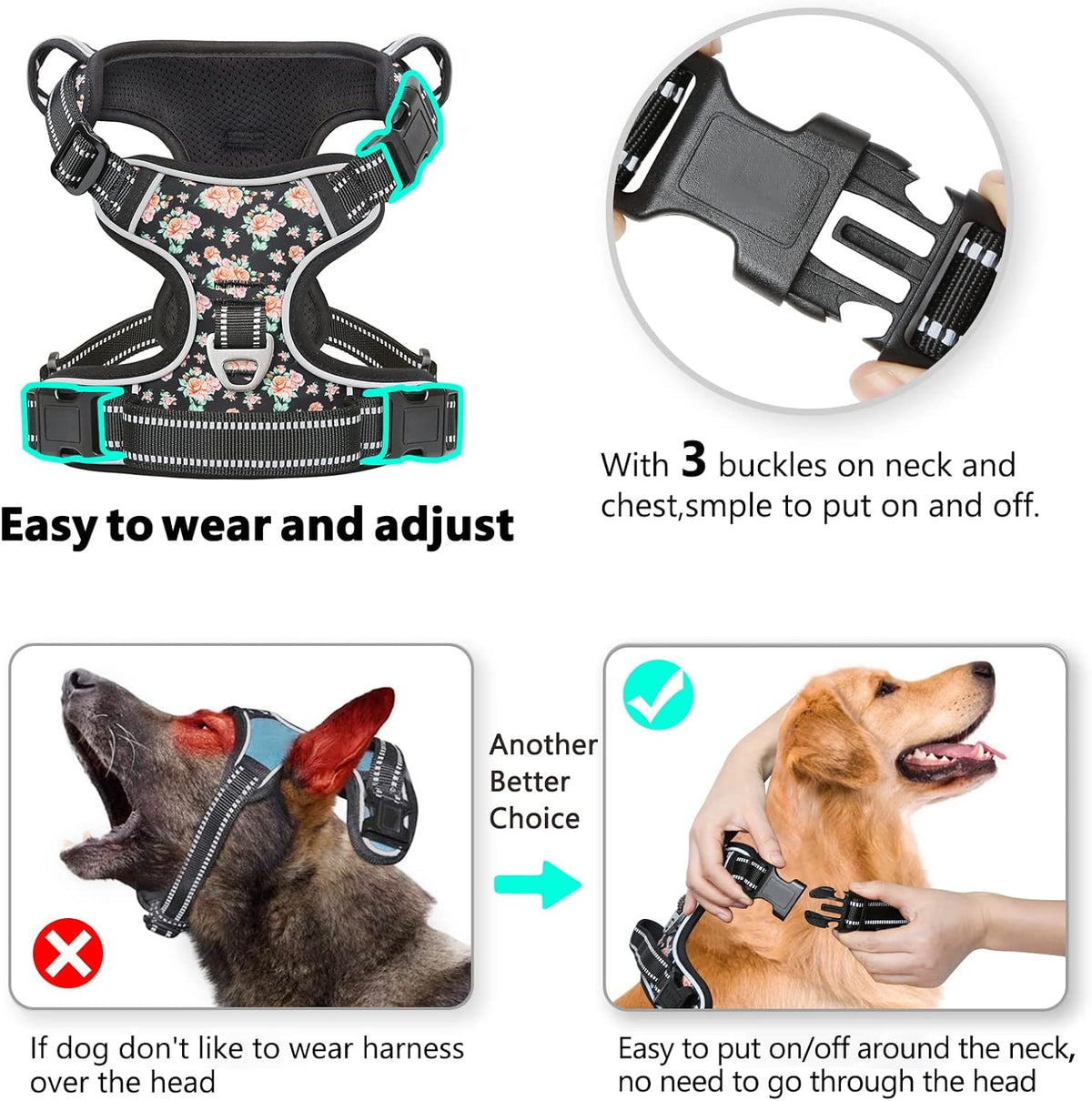 Timos Dog Harness, No-Pull Pet Harness with 2 Leash Clips, 3 Snap Buckles Adjustable Soft Padded