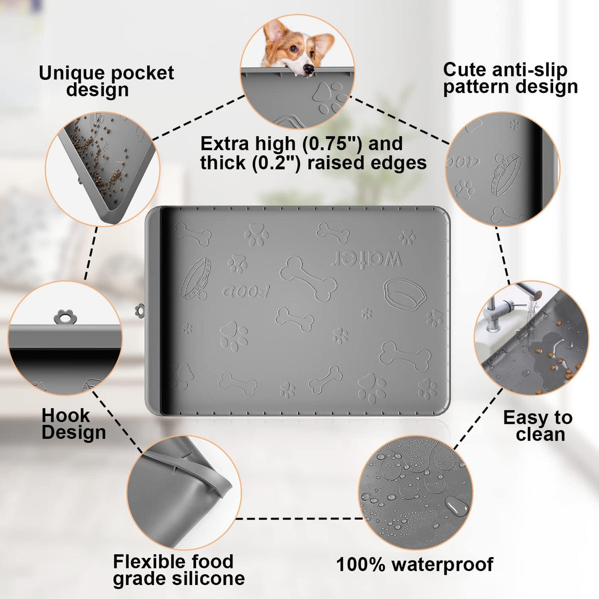 Dog Food Mat - Silicone Dog Mat for Food and Water - 28" x 20" Pet Feeding Mats with Residue